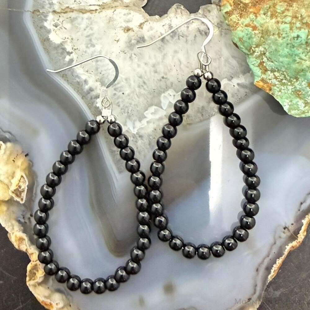 Sterling Silver 4mm Onyx Beads Hoop Dangle Earrings For Women